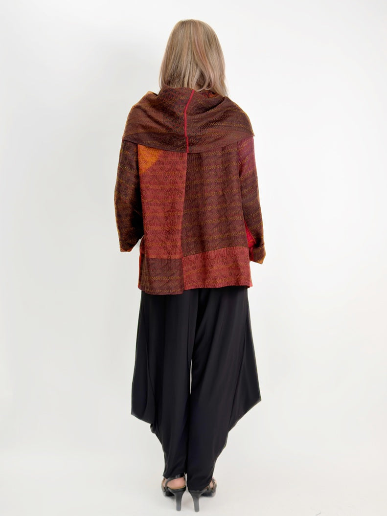 Mieko Mintz- Jacquard Silk Patch Tie Dye Circle Shibori Kantha Scarf Neck Blouse