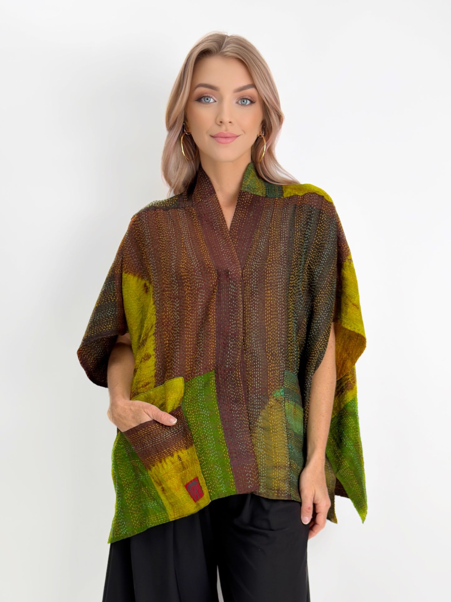 Mieko Mintz- Jacquard Silk Patch Tie Dye Circle Shibori Kantha Poncho Top