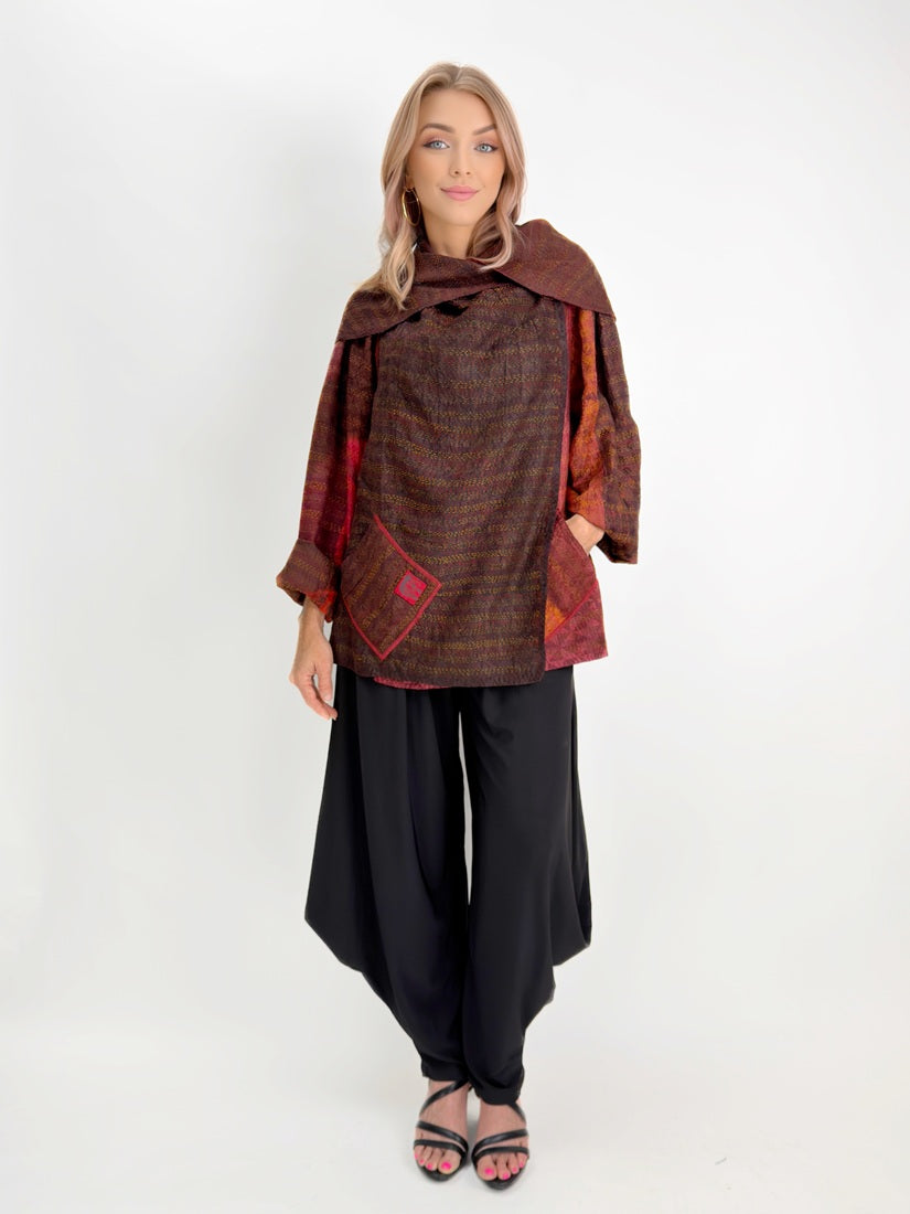 Mieko Mintz- Jacquard Silk Patch Tie Dye Circle Shibori Kantha Scarf Neck Blouse