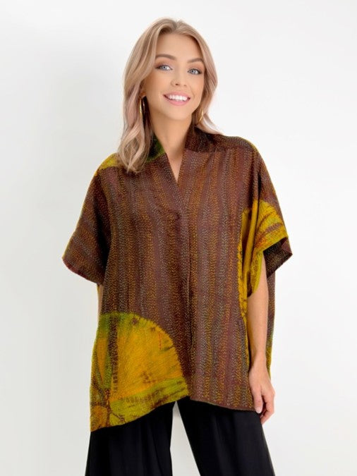 Mieko Mintz- Jacquard Silk Patch Tie Dye Circle Shibori Kantha Poncho Top