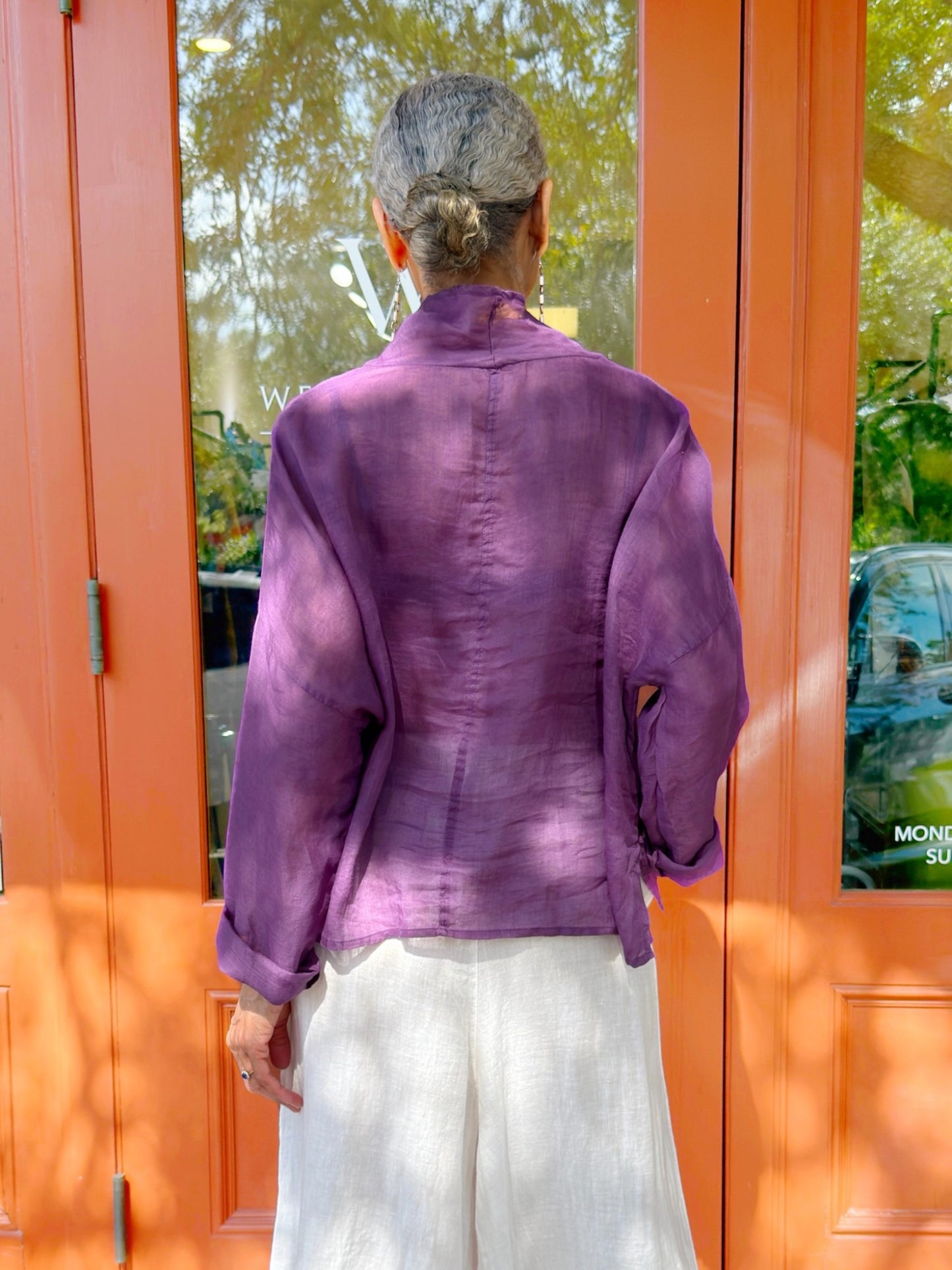 Mia Collection- Linen Cowl Neck Top/ Purple