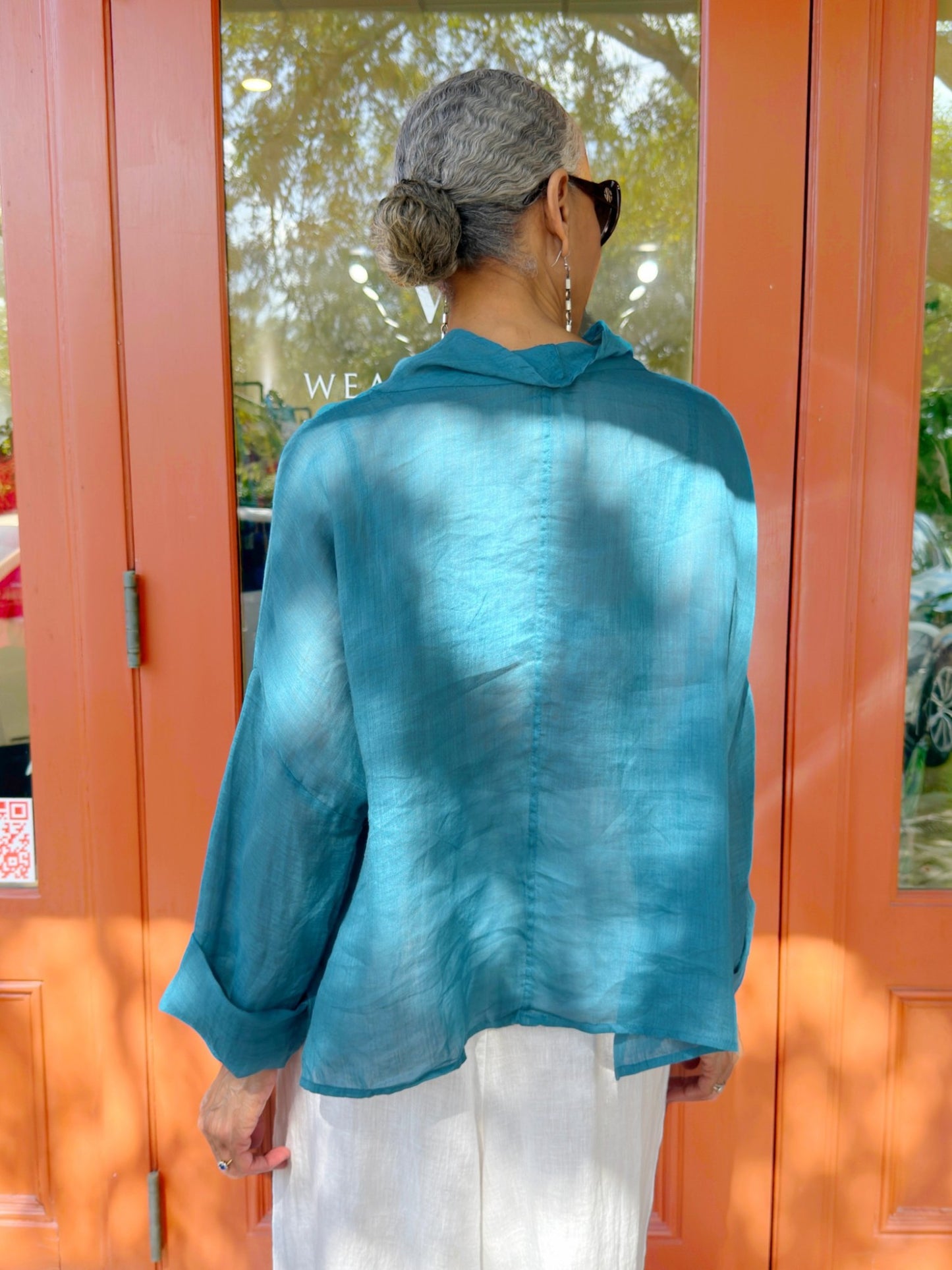 Mia Collection- Linen Cowl Neck Top/ Teal