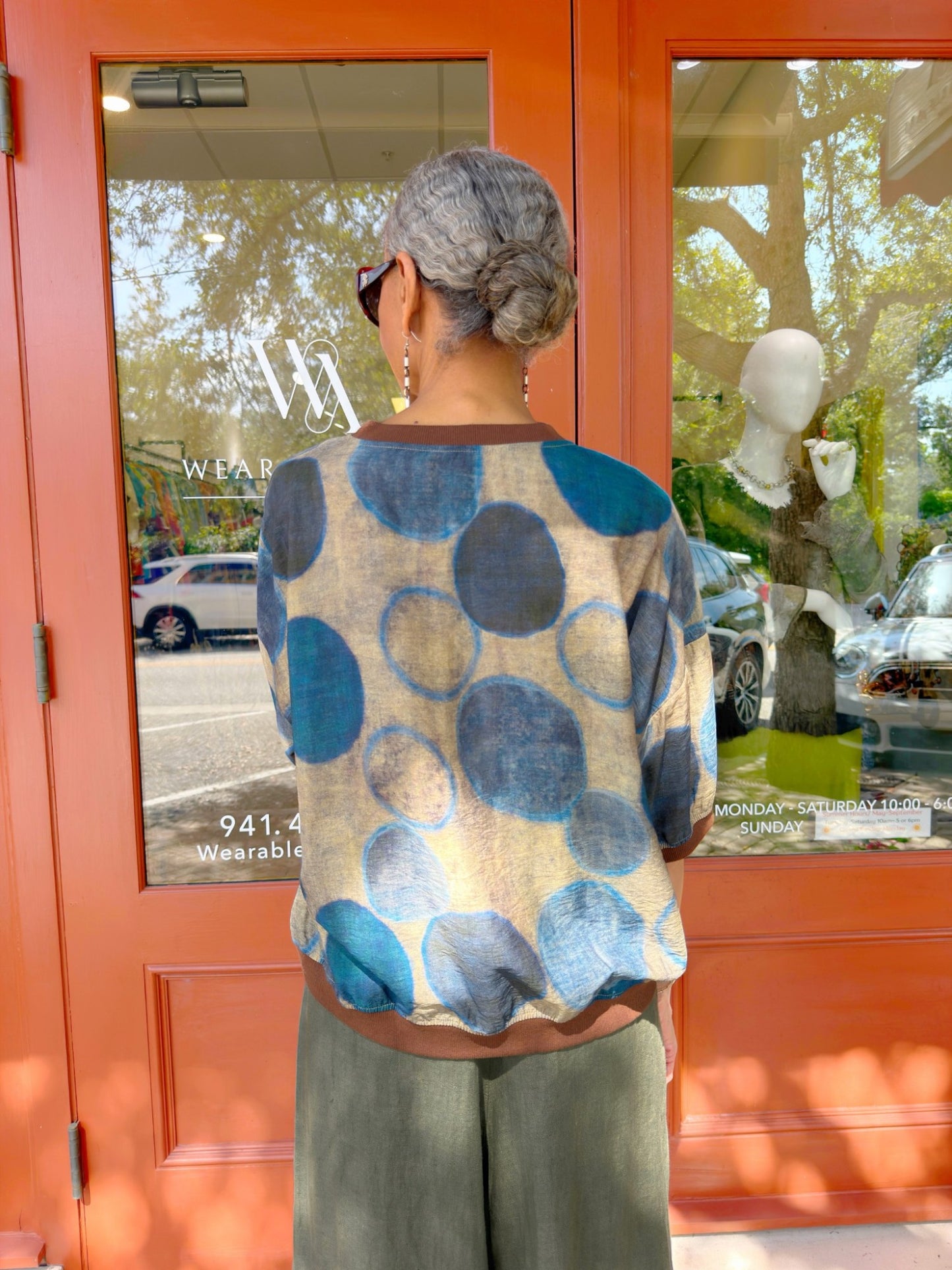 Mia Collection- Blue Circles Linen Knit-Trim Top