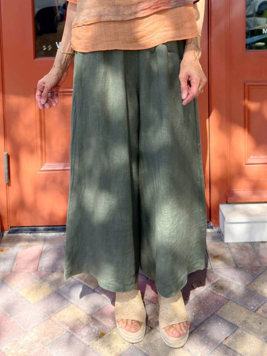 TINA Stephens- Army Peggy Crop Linen Palazzo Pant