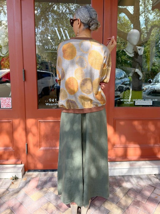 Mia Collection- Orange Circles Linen Knit-Trim Top