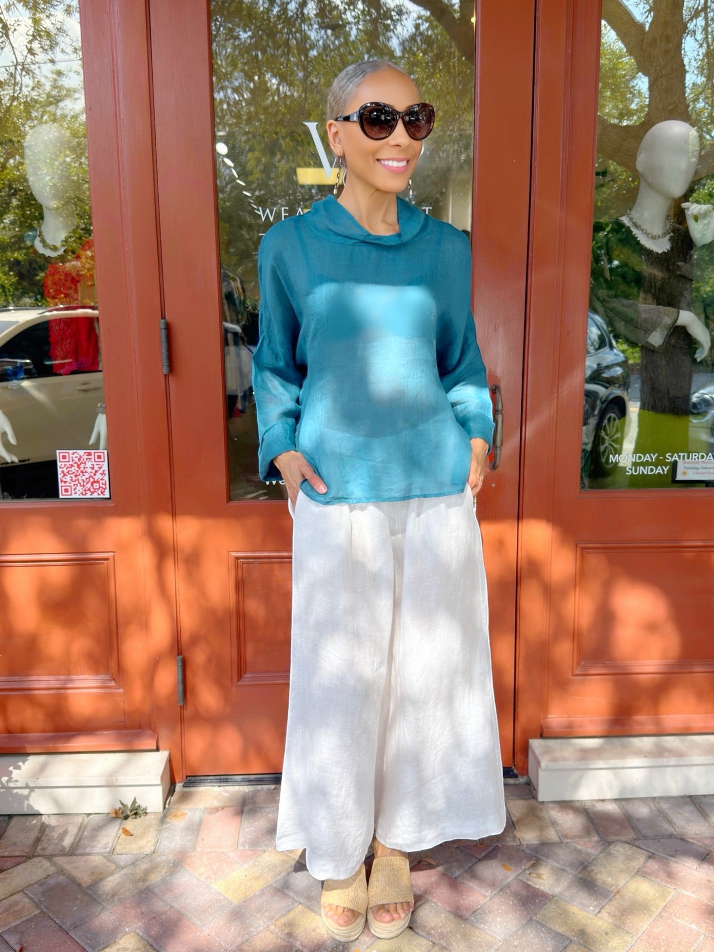 Mia Collection- Linen Cowl Neck Top/ Teal
