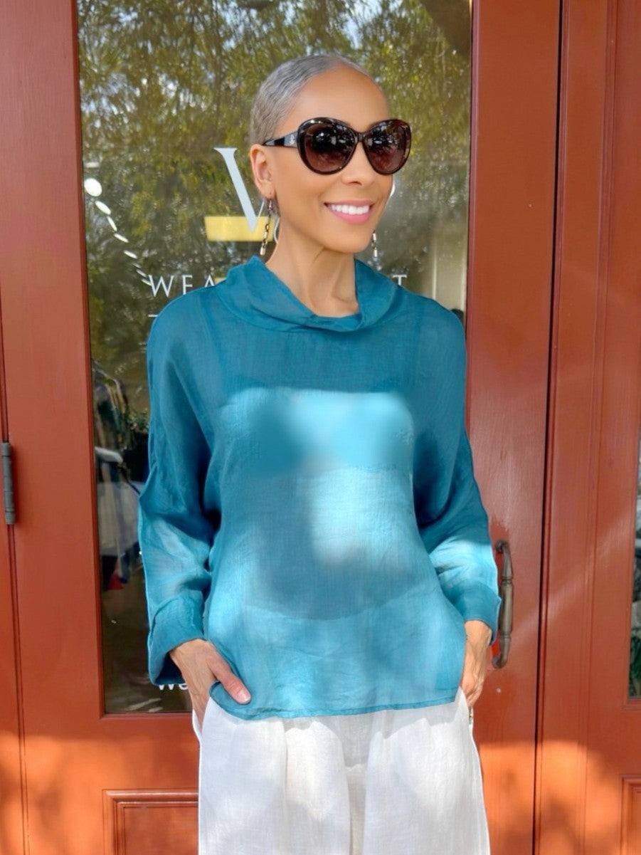 Mia Collection- Linen Cowl Neck Top/ Teal
