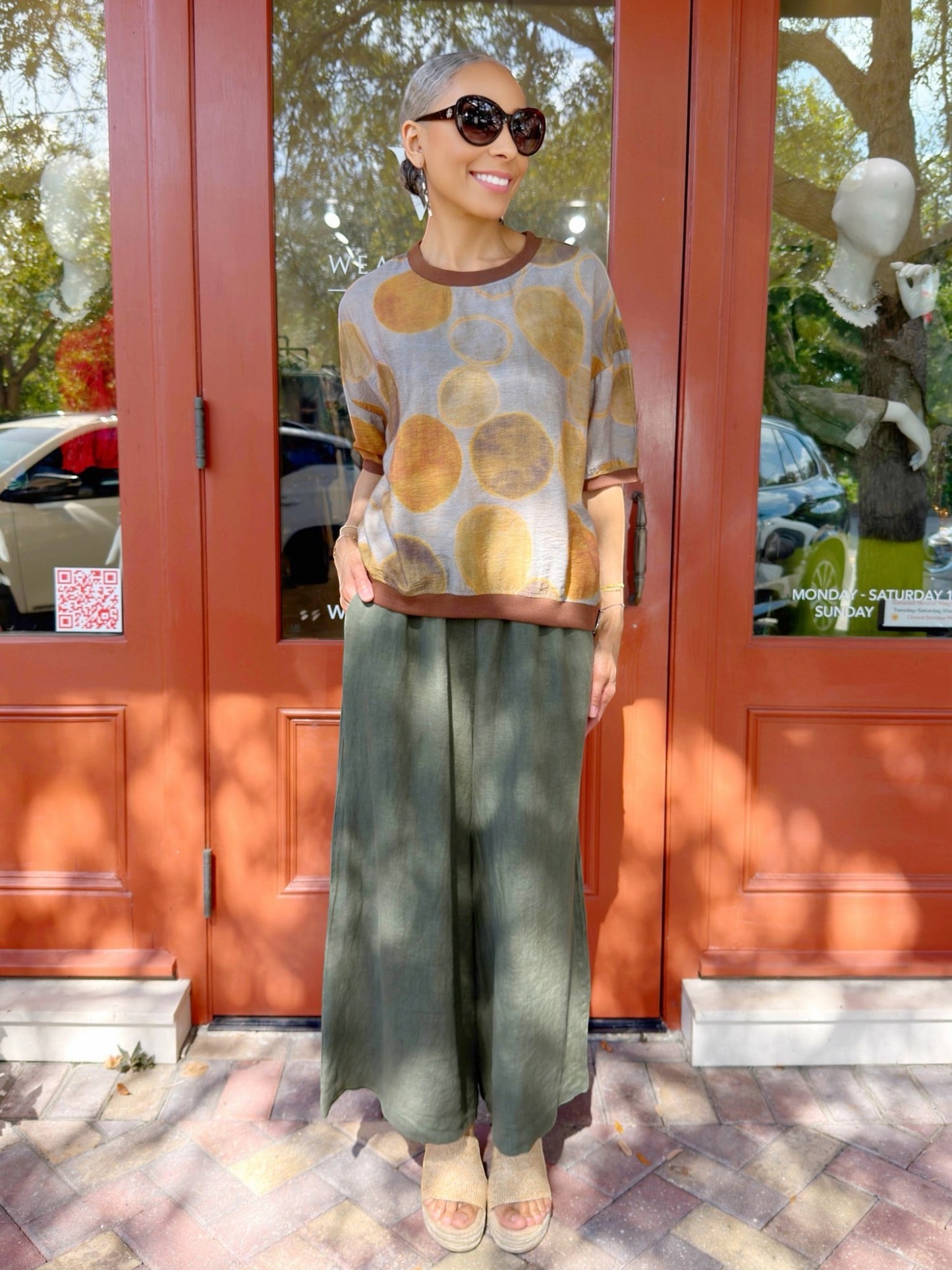 Mia Collection- Orange Circles Linen Knit-Trim Top