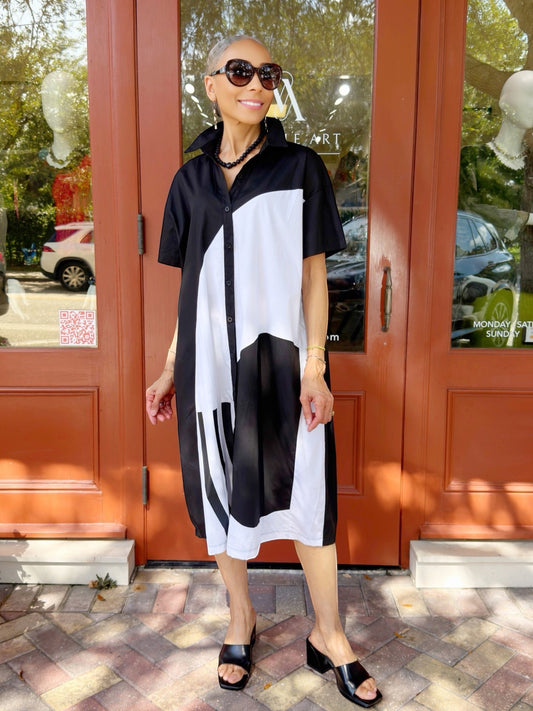 Mia Collection- Graphic Contrast Shirt Dress/ Black