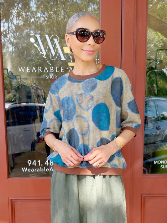 Mia Collection- Blue Circles Linen Knit-Trim Top