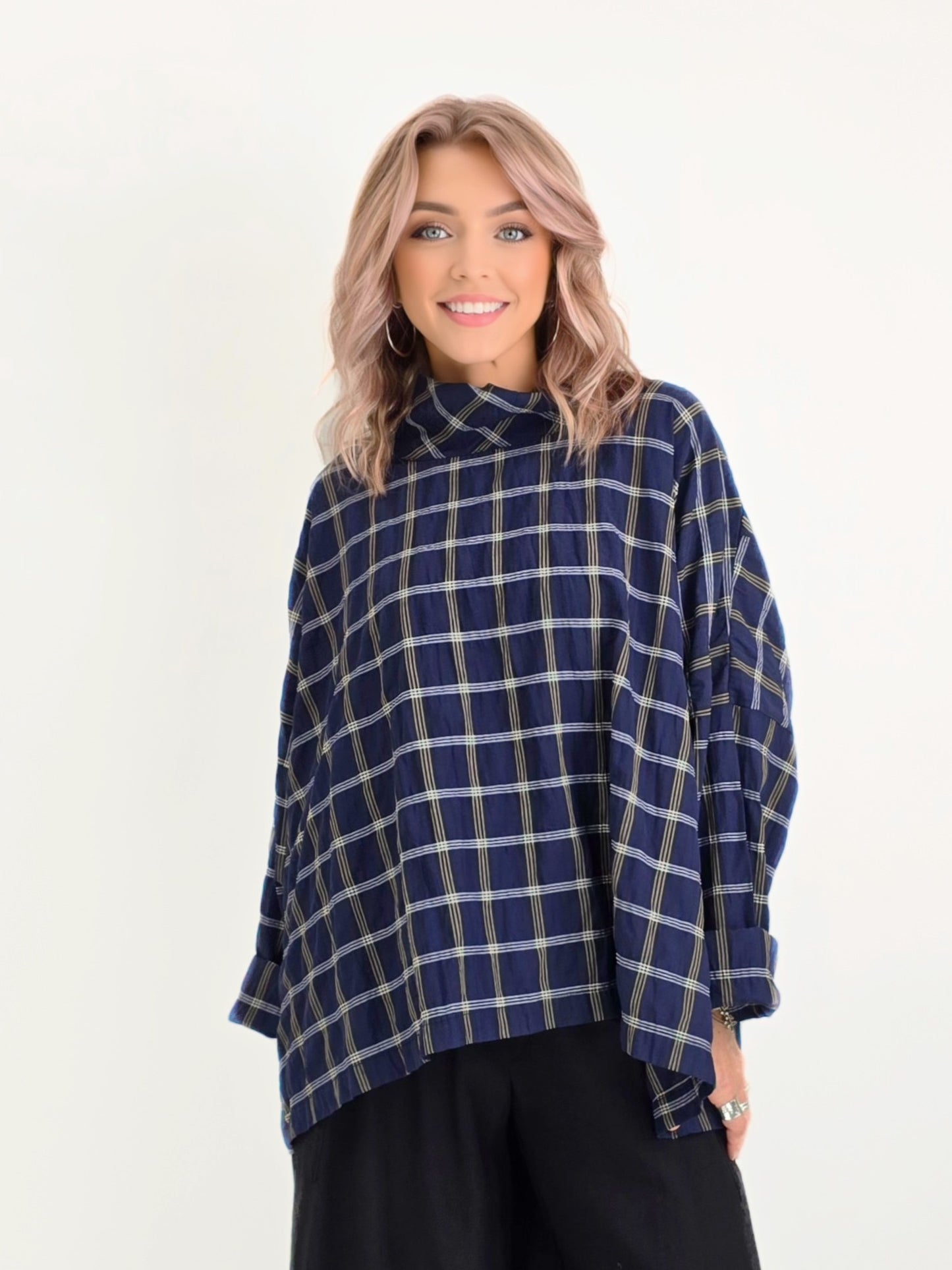 Dress to Kill/ Mock Boxy Cowl Top/Navy-Yellow