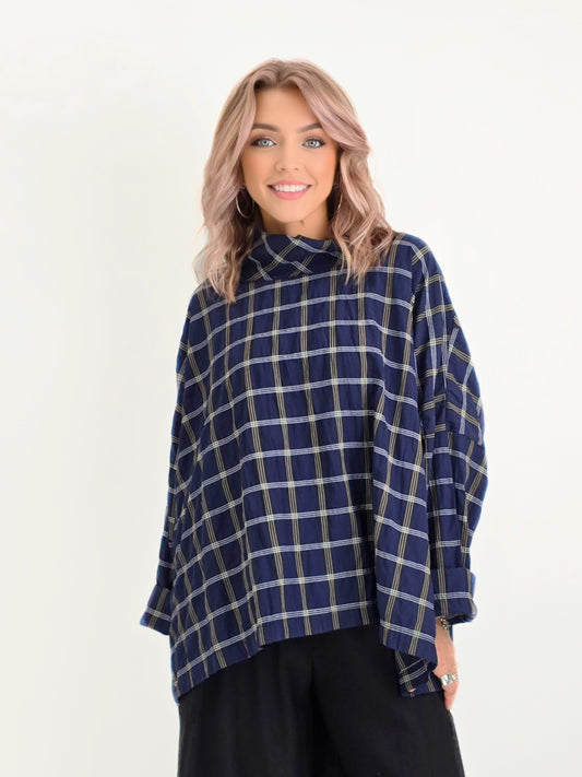 Dress to Kill/ Mock Boxy Cowl Top/Navy-Yellow