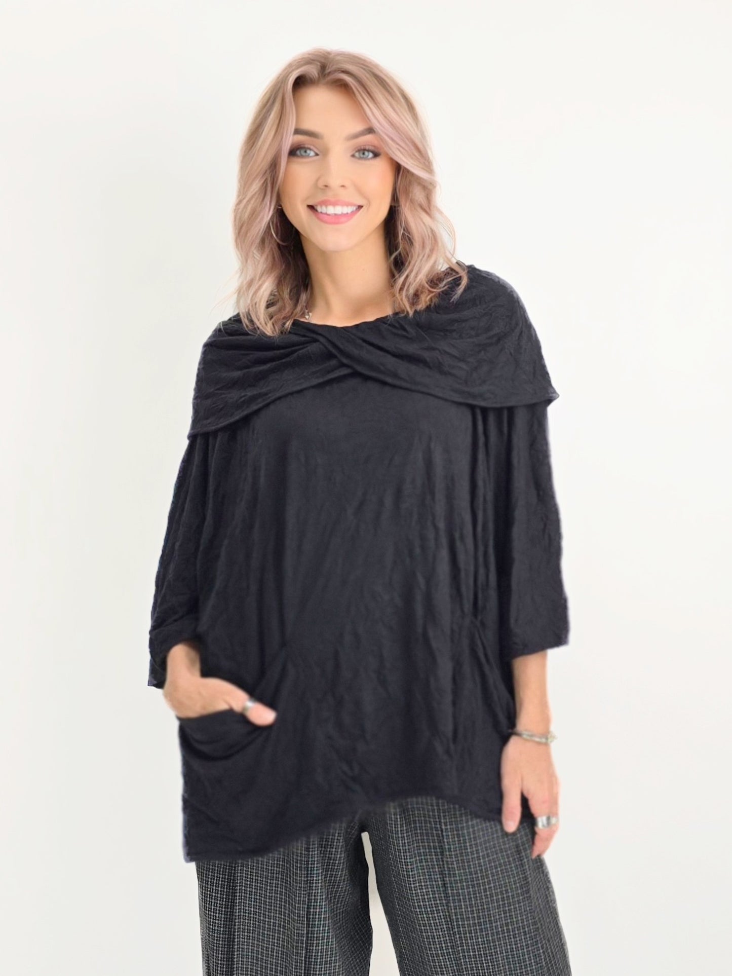 Dress to Kill/ 2 Pocket Criss Cross Cowl Top