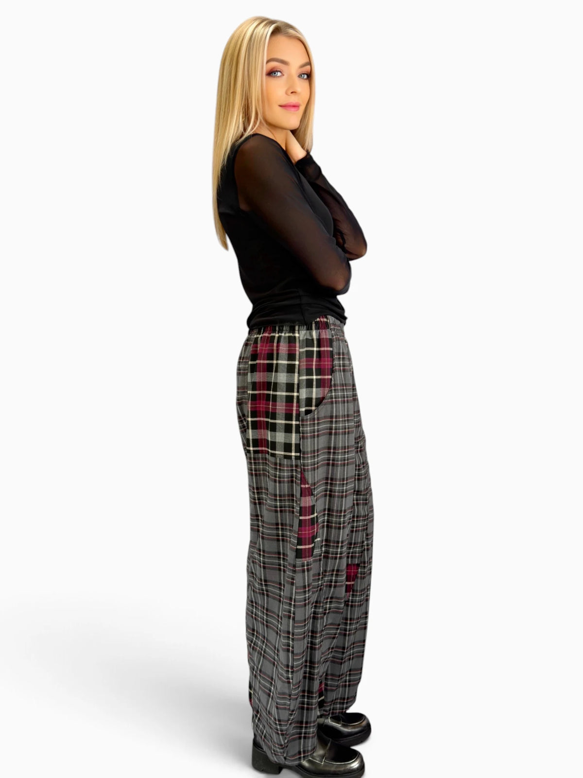 Dress to Kill- Puzzle Pant/ Burgundy Mixed Plaids