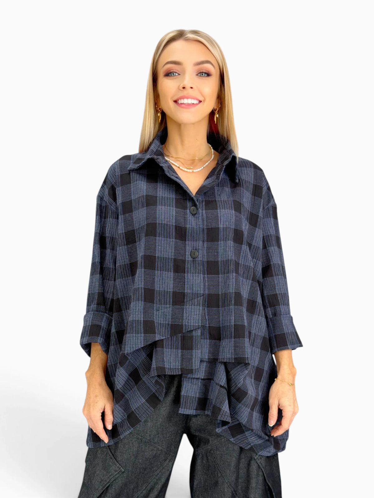 Dress to Kill- Folded Pull Up Shirt/ Navy Black Plaid