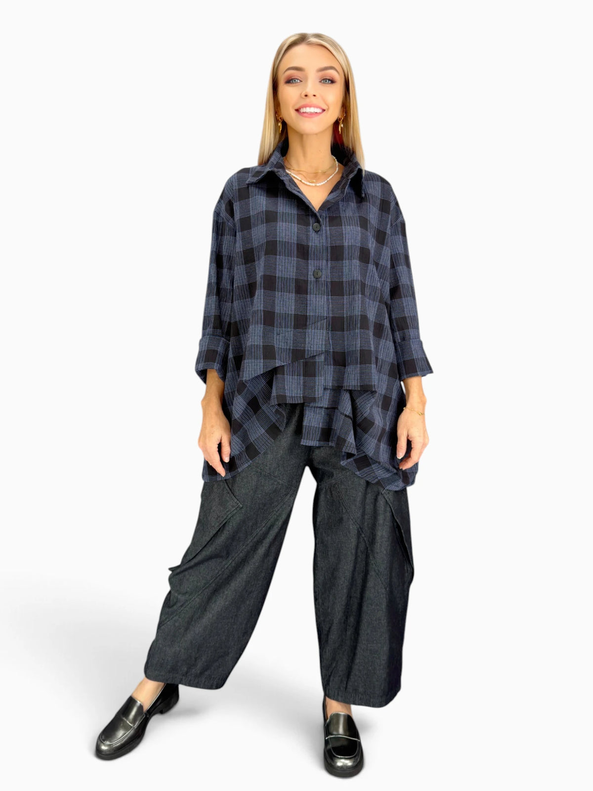 Dress to Kill- Folded Pull Up Shirt/ Navy Black Plaid