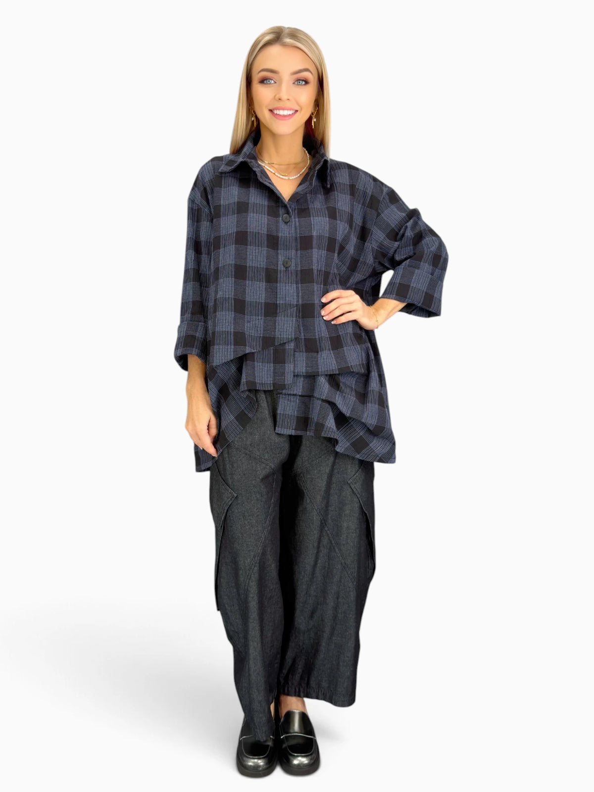 Dress to Kill- Folded Pull Up Shirt/ Navy Black Plaid