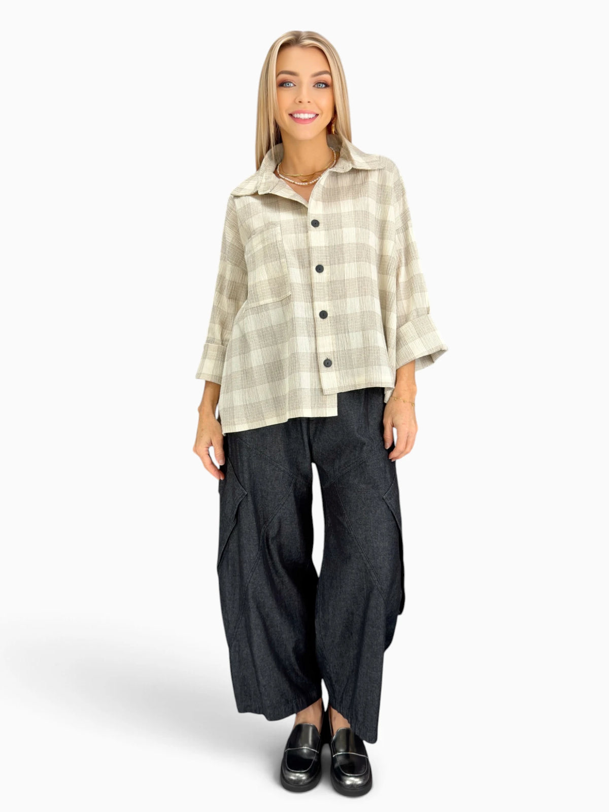 Dress to Kill- Hi-Lo Shirt/ Cream Taupe Plaid