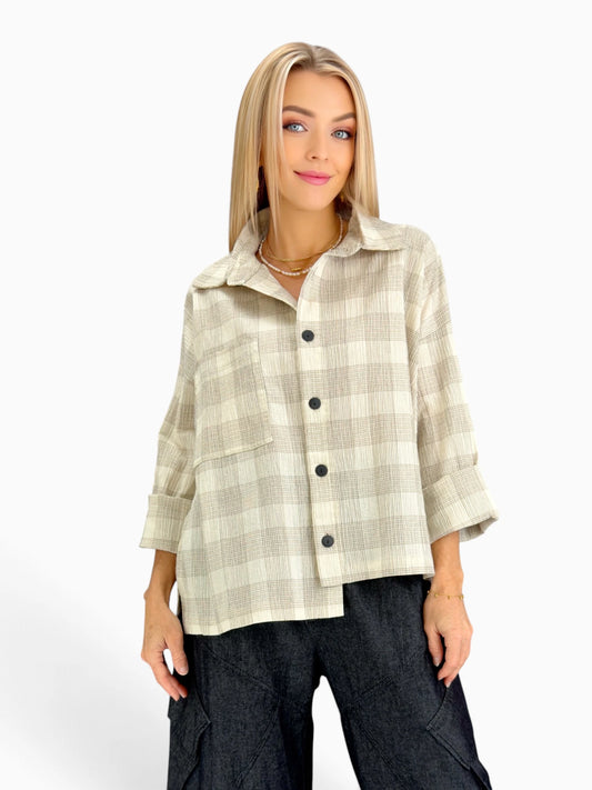 Dress to Kill- Hi-Lo Shirt/ Cream Taupe Plaid