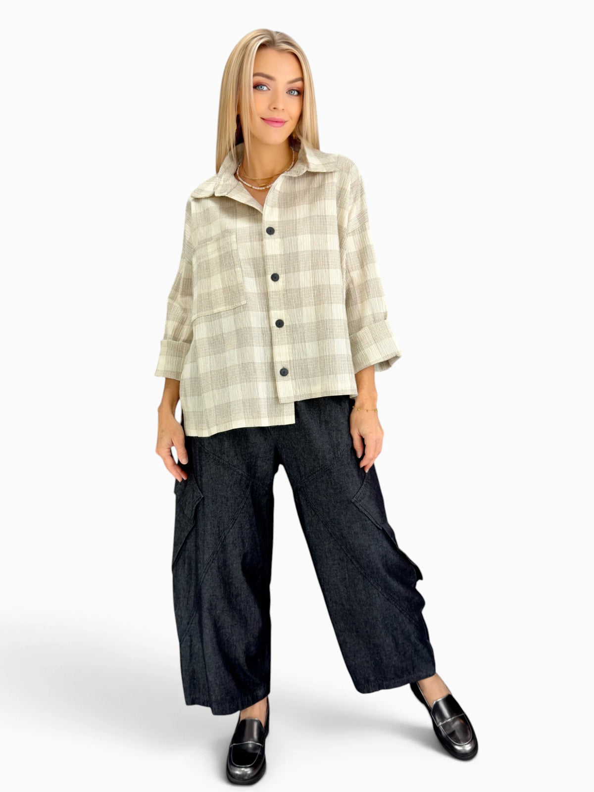 Dress to Kill- Hi-Lo Shirt/ Cream Taupe Plaid