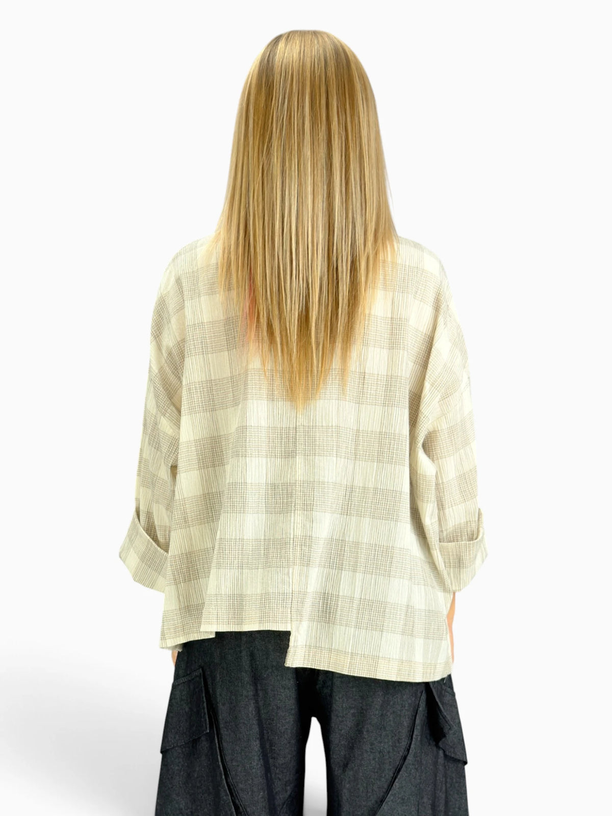 Dress to Kill- Hi-Lo Shirt/ Cream Taupe Plaid