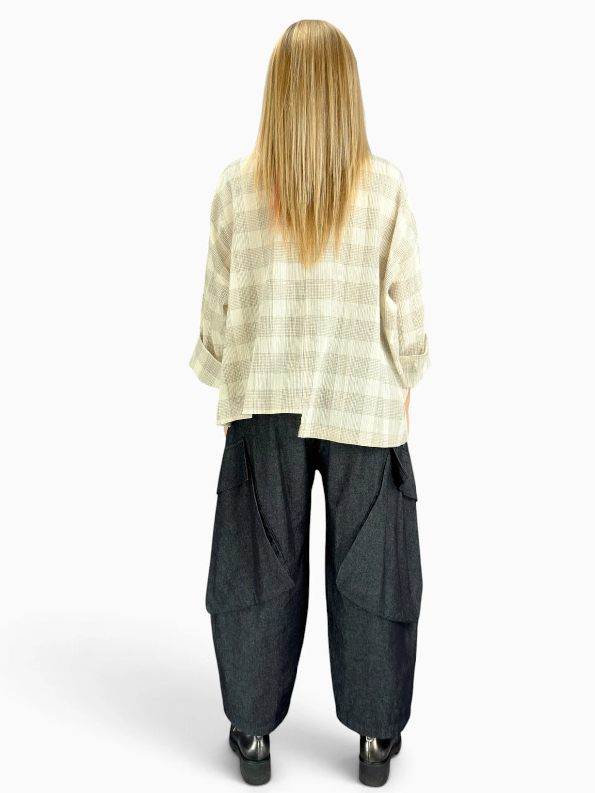 Dress to Kill- Hi-Lo Shirt/ Cream Taupe Plaid