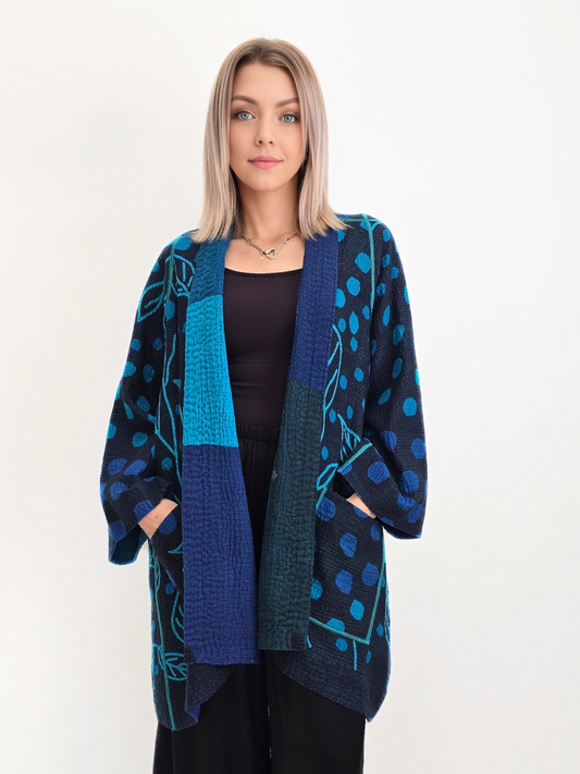 Mieko Mintz- Polka Dots & Leaves Kantha A-Line Jacket