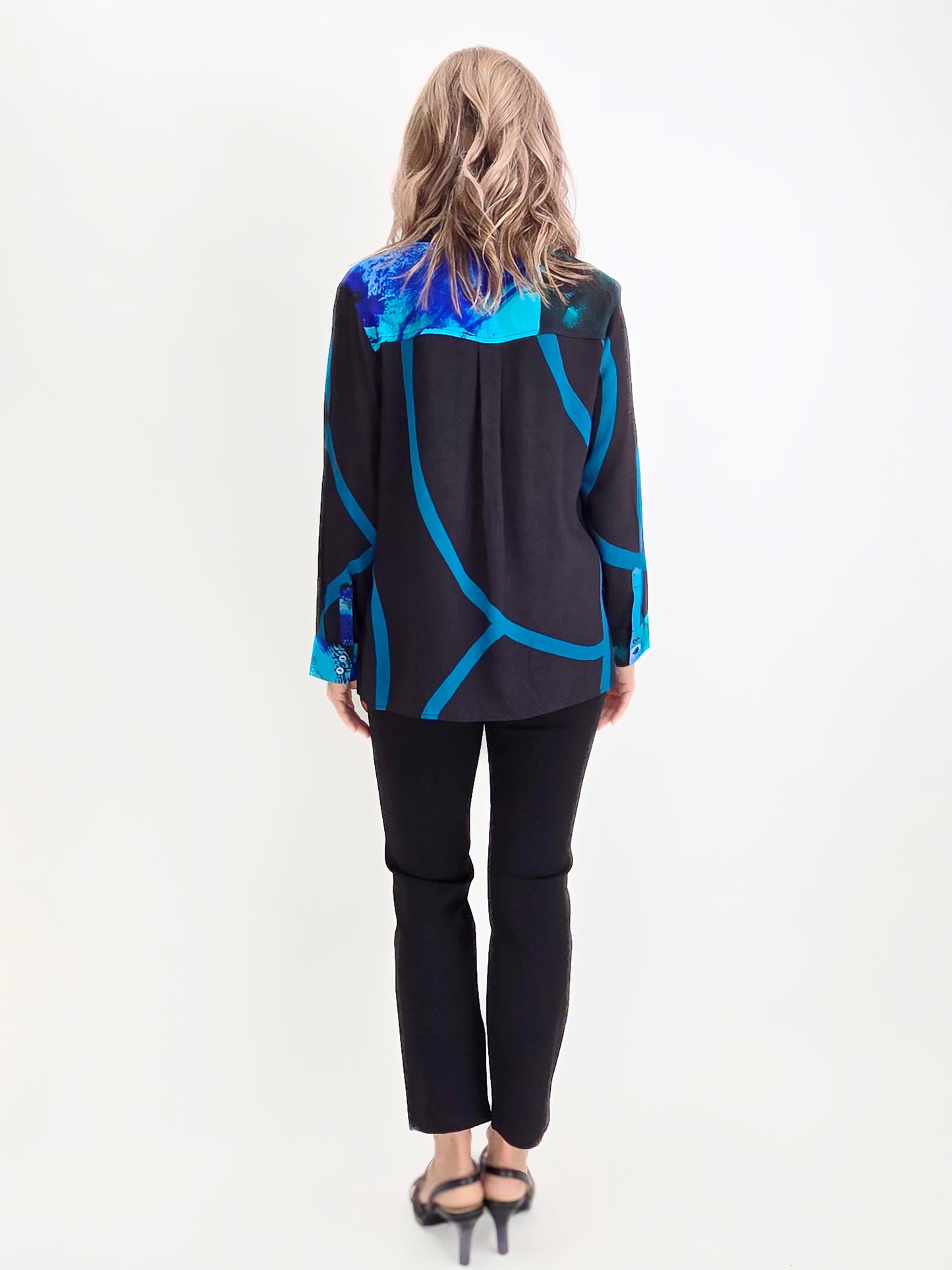 Lemon Grass- Print Blocked Blouse/Lyons Blue