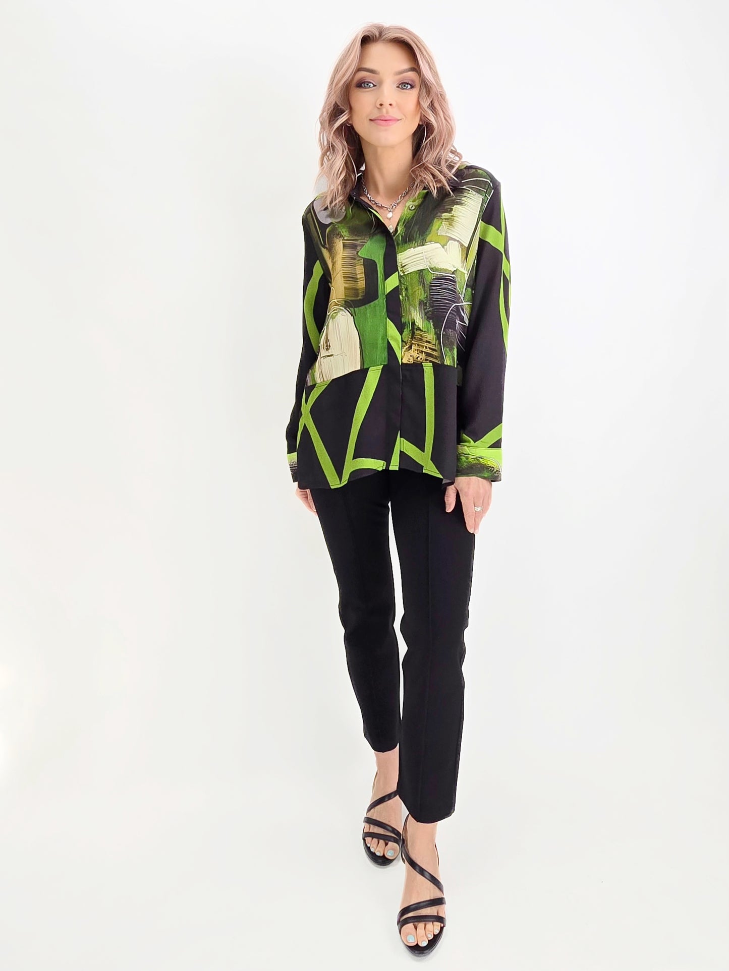 Lemon Grass- Print Blocked Blouse/Peridot