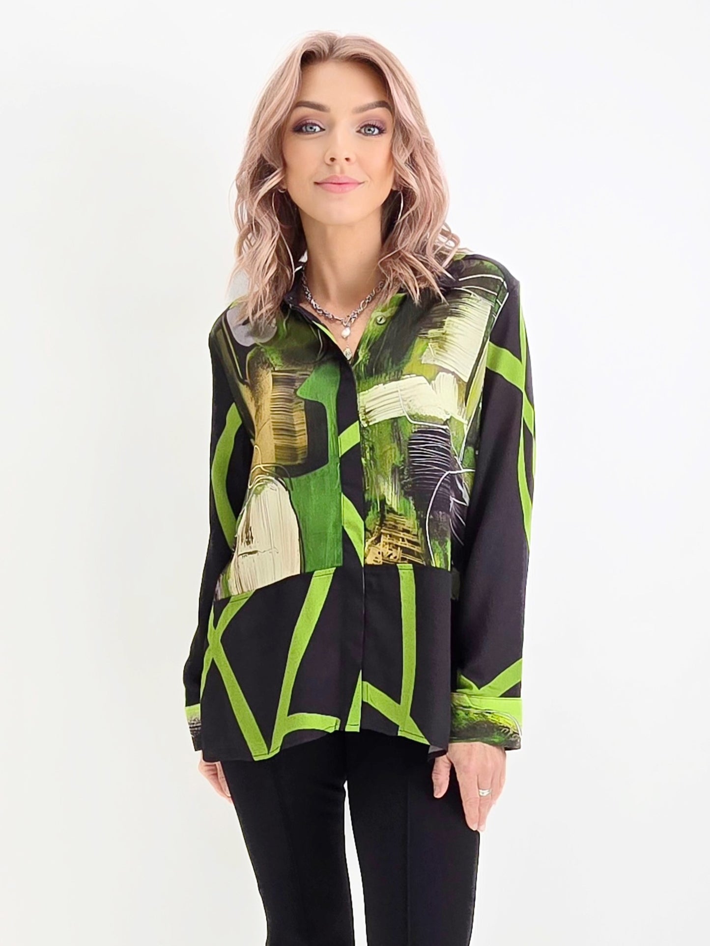 Lemon Grass- Print Blocked Blouse/Peridot