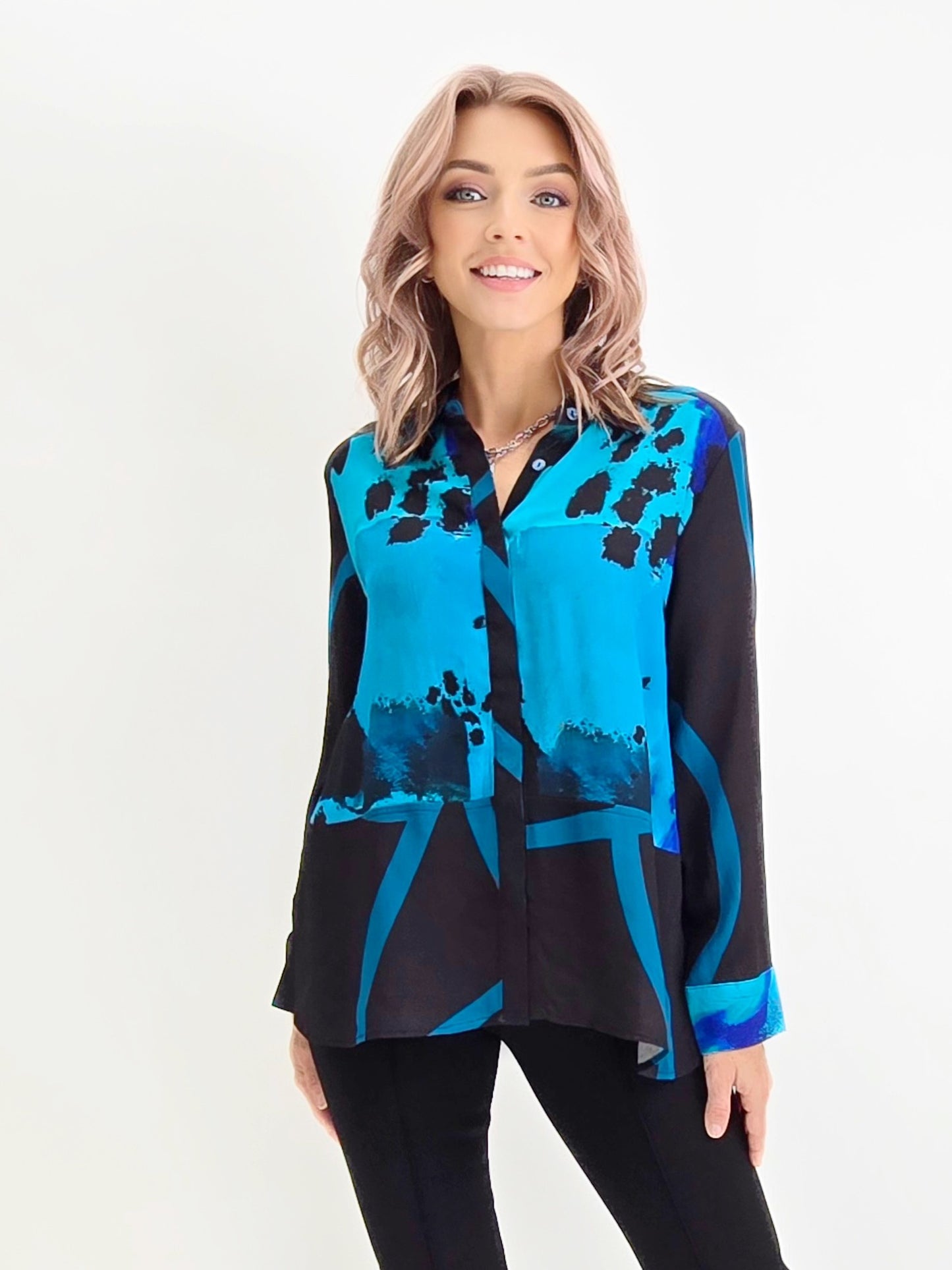 Lemon Grass- Print Blocked Blouse/Lyons Blue