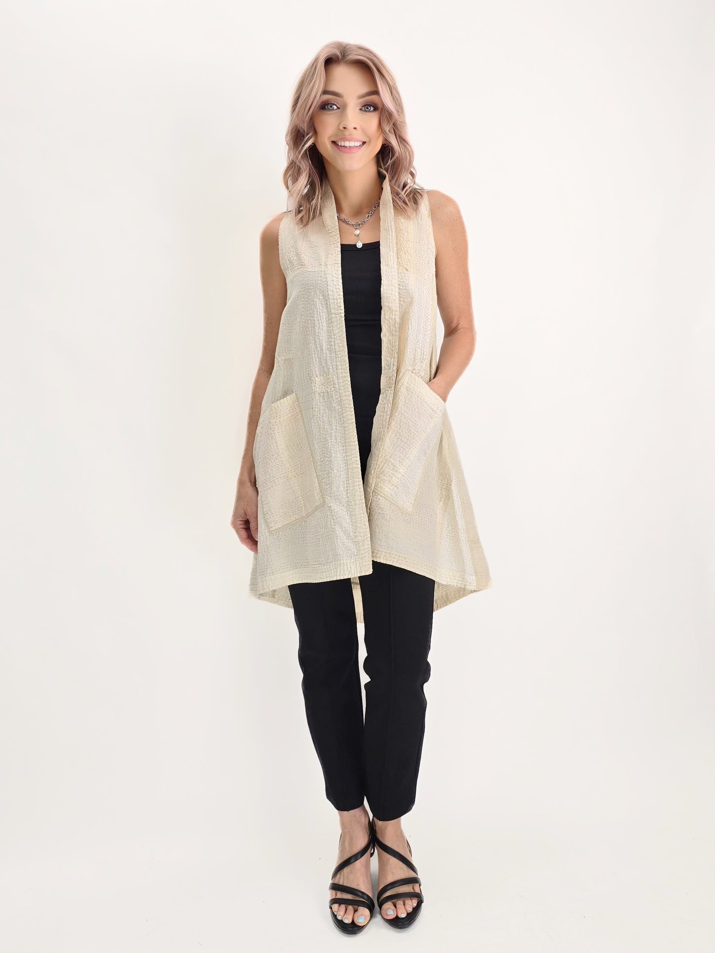 Mieko Mintz- Vintage Kantha Cream Silk A-Line Vest