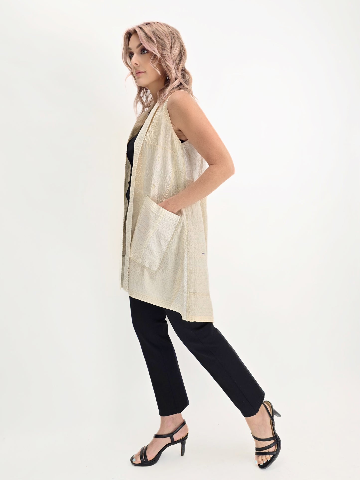 Mieko Mintz- Vintage Kantha Cream Silk A-Line Vest