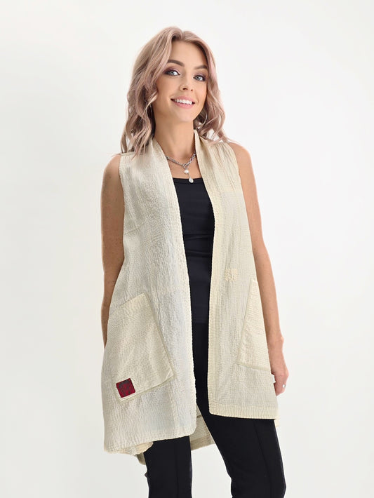 Mieko Mintz- Vintage Kantha Cream Silk A-Line Vest