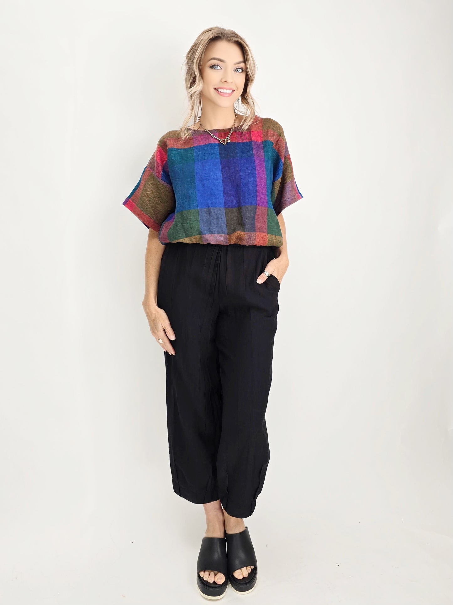 Joolee - Blue Check Linen Top