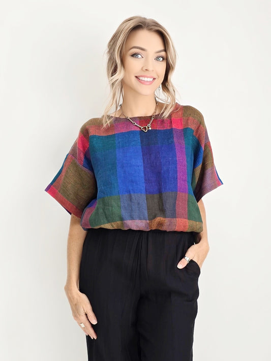 Joolee - Blue Check Linen Top