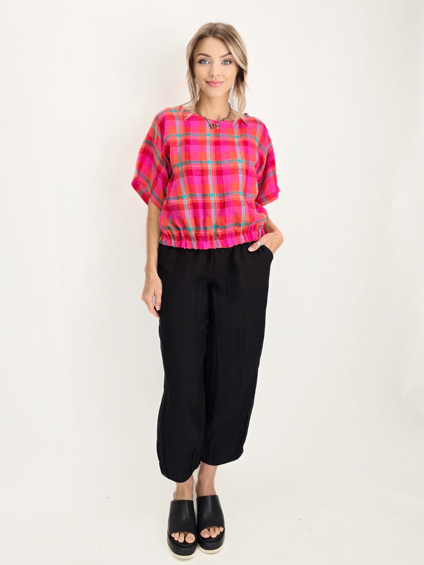 Joolee - Pink Check Linen Top