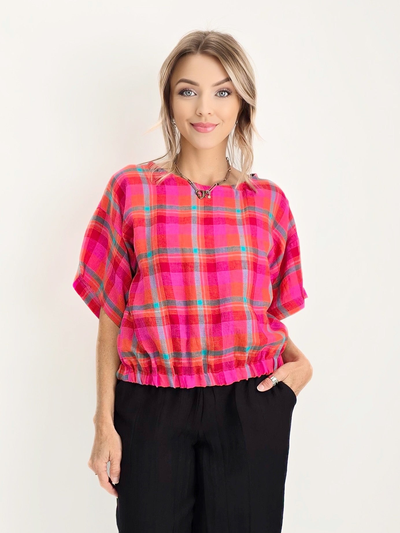 Joolee - Pink Check Linen Top