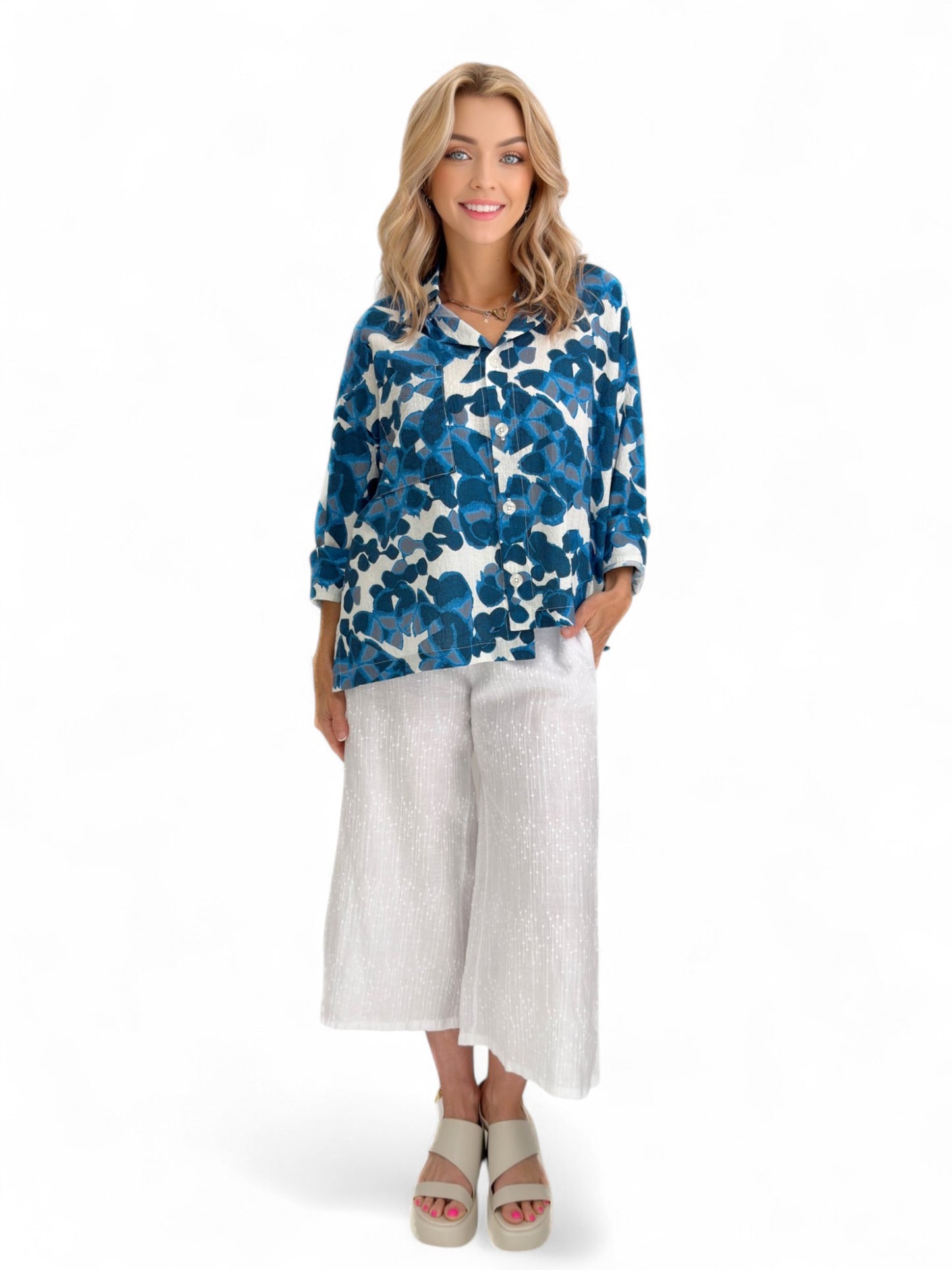 Dress to Kill- Hi-Lo Shirt/ Blue White Abstract