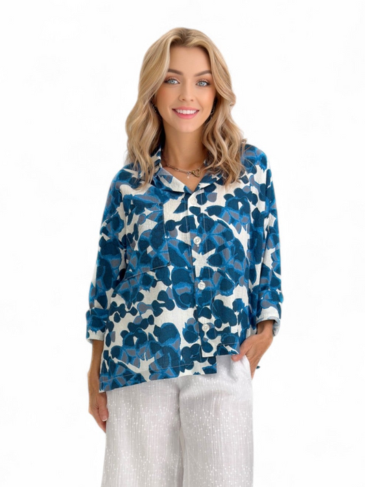 Dress to Kill- Hi-Lo Shirt/ Blue White Abstract