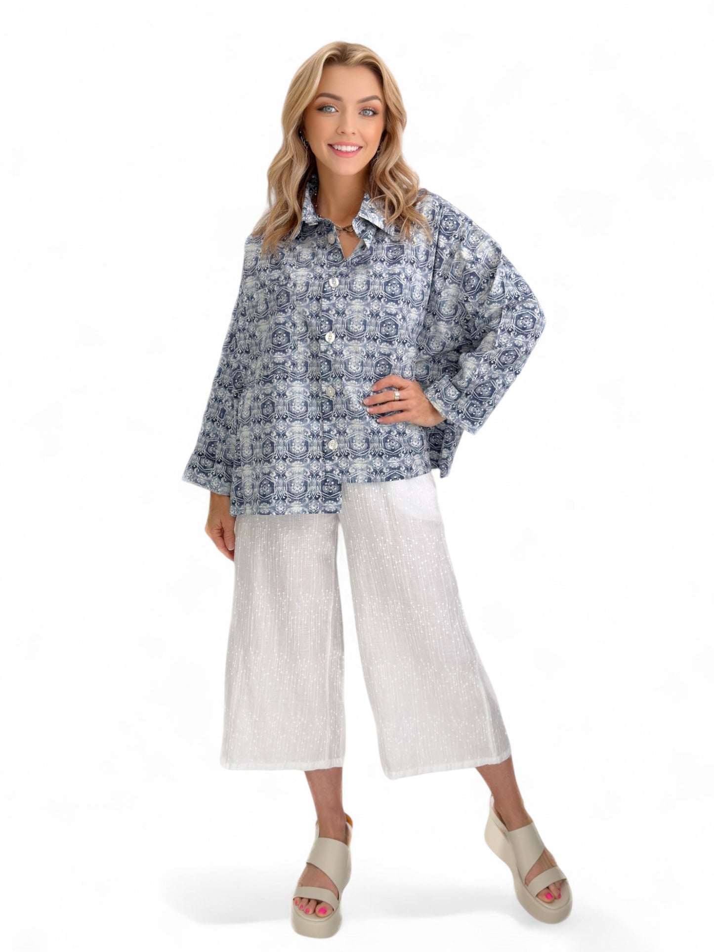 Dress to Kill- Hi-Lo Shirt/ Blue Floral Circle