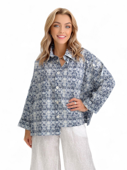 Dress to Kill- Hi-Lo Shirt/ Blue Floral Circle