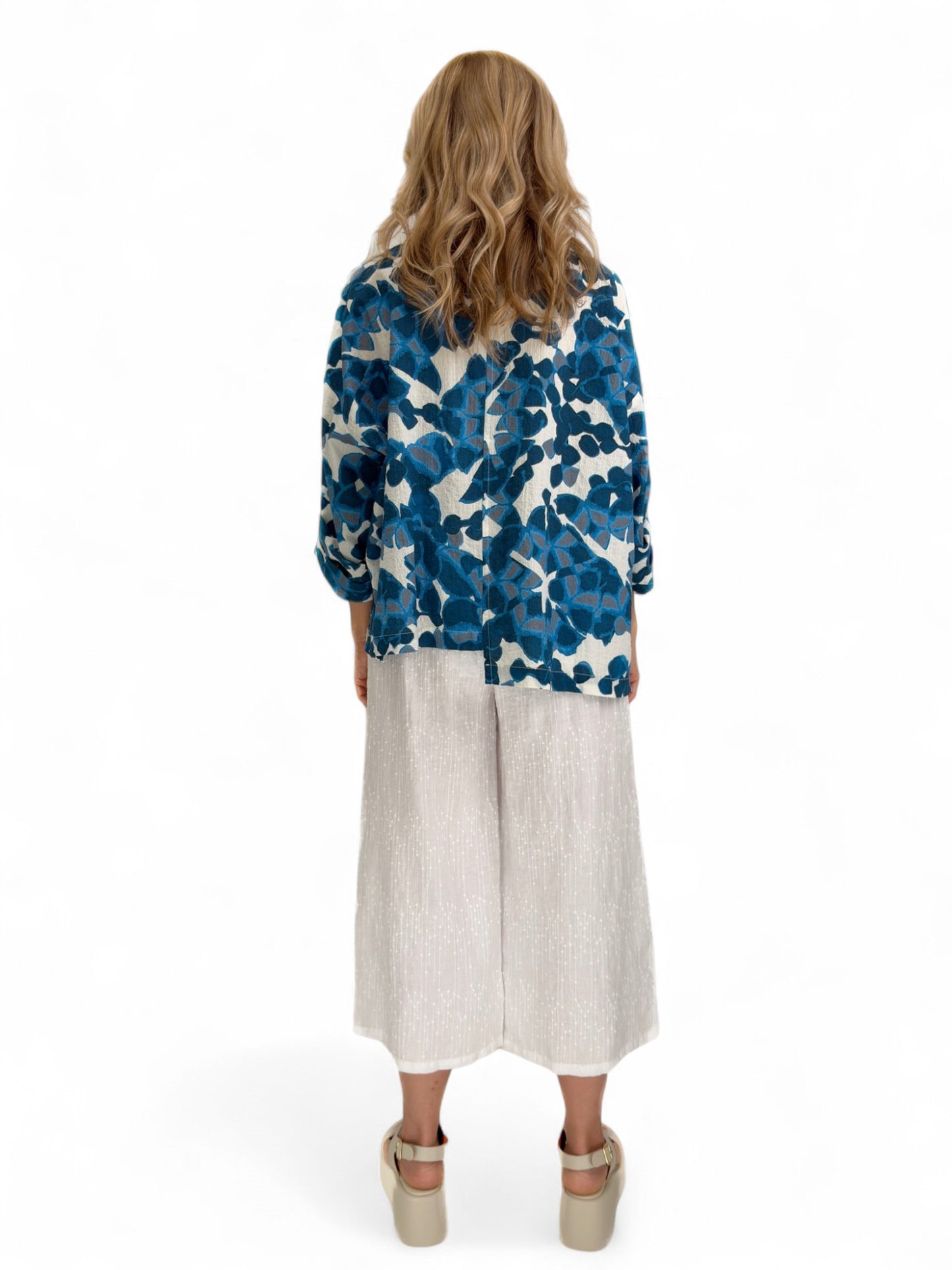 Dress to Kill- Hi-Lo Shirt/ Blue White Abstract