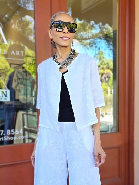 BlueBerry/ Embroidered Linen Cropped Jacket