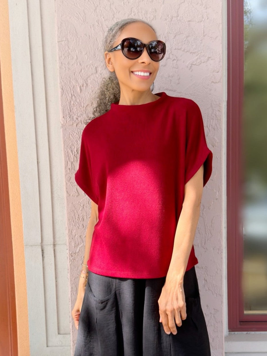 Glam - Mock Neck Pullover Knit Top/ Burgundy