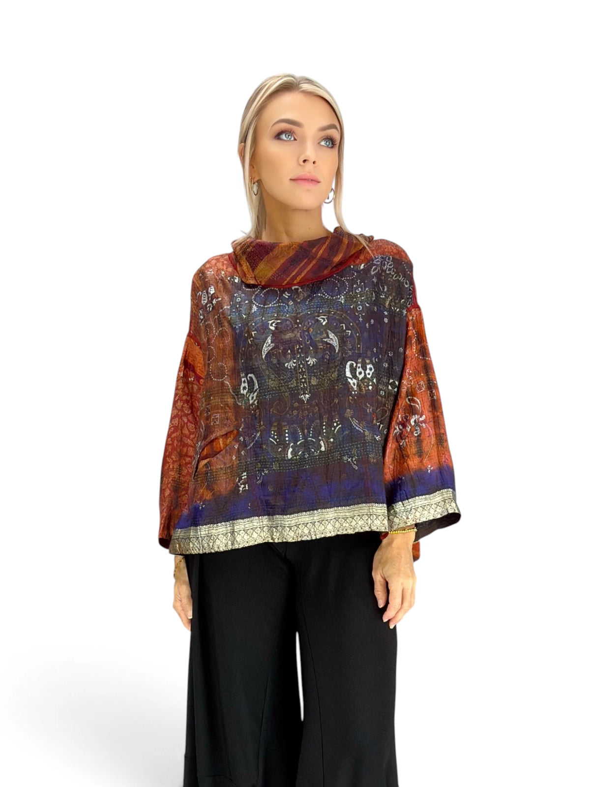 Mieko Mintz- Tie Dye Vintage Silk Kantha Cowl Pullover