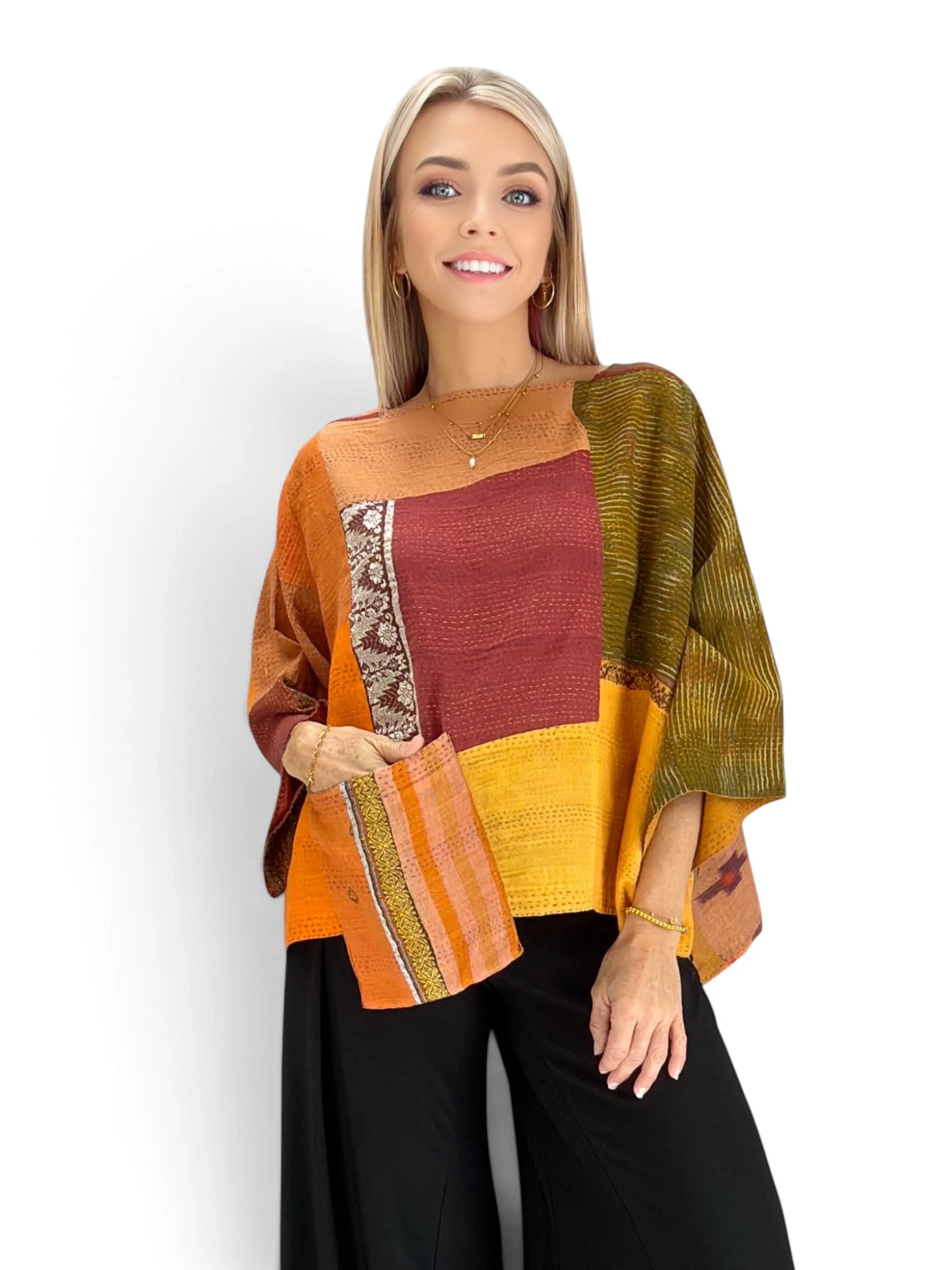 Mieko Mintz-  Brocade Patched Kantha 3/4 SLV. Crop Top Mio