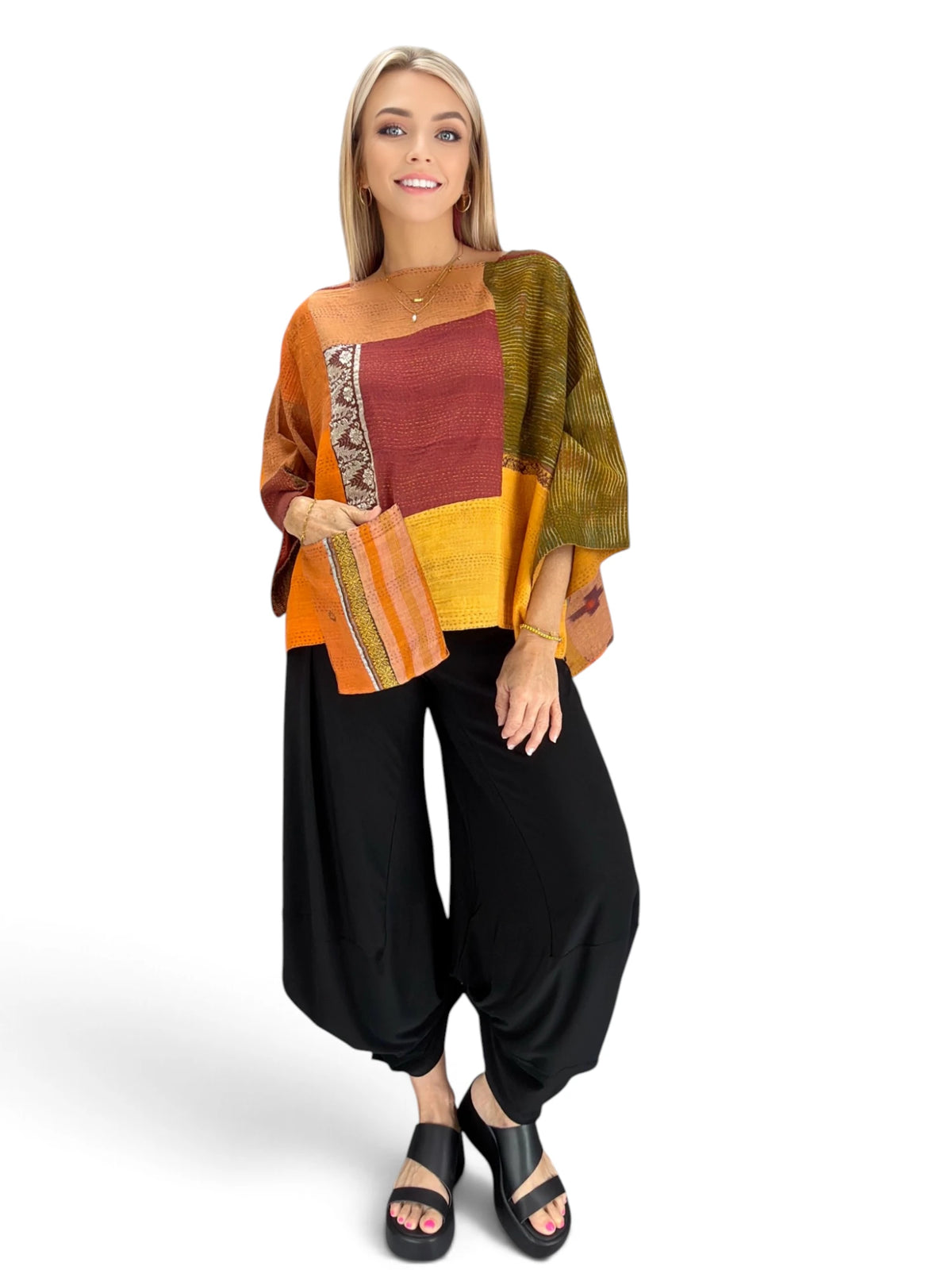 Mieko Mintz-  Brocade Patched Kantha 3/4 SLV. Crop Top Mio