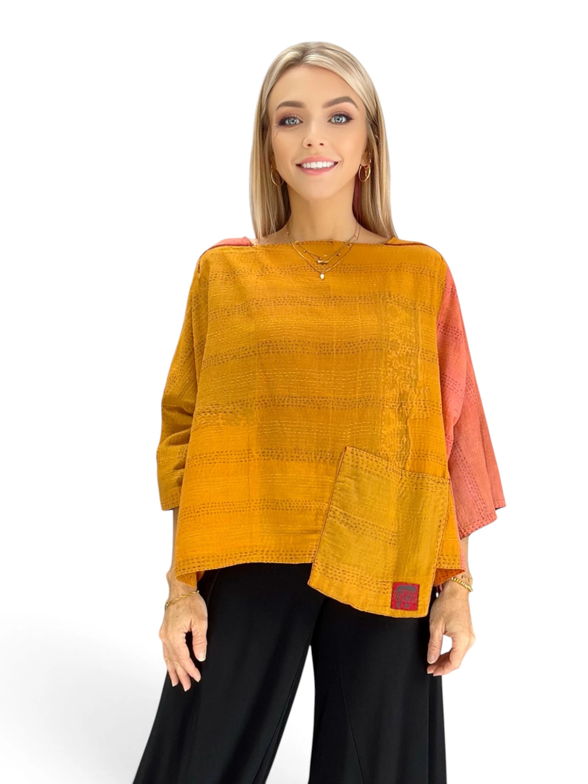 Mieko Mintz-  Brocade Patched Kantha 3/4 SLV. Crop Top Mio