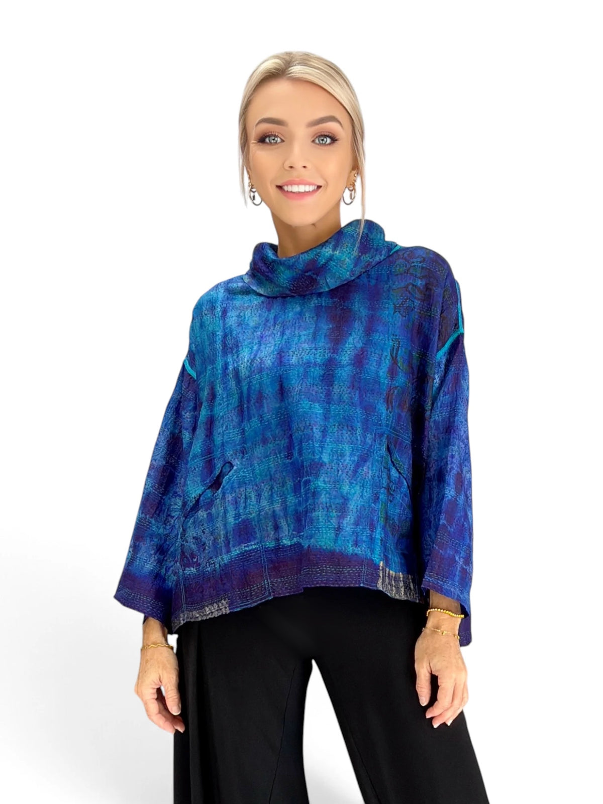 Mieko Mintz- Tie Dye Vintage Silk Kantha Cowl Pullover